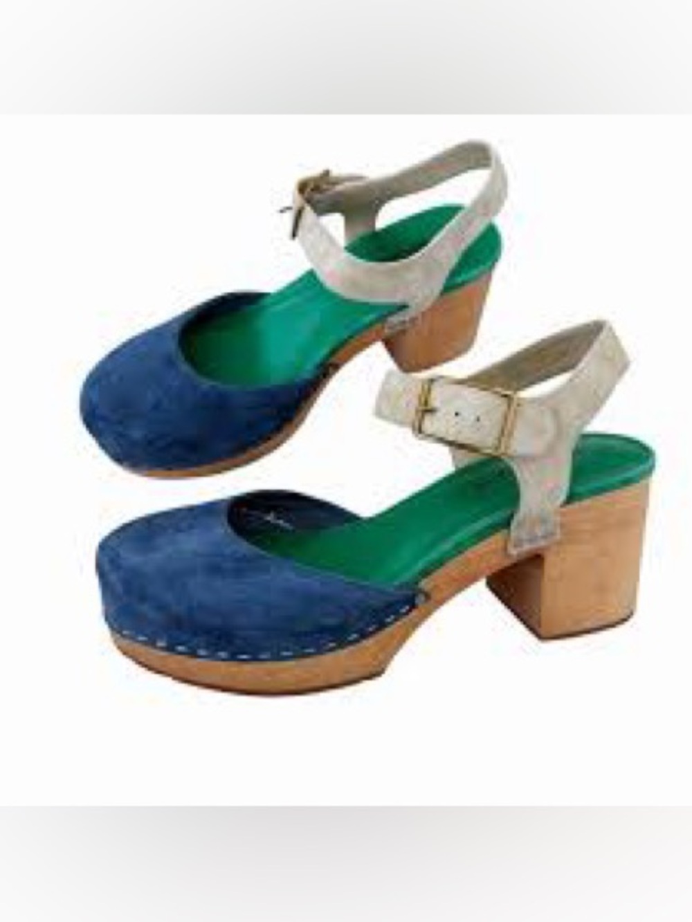 Charlotte Stone Blue Suede Block Heel Mules with Cream Ankle Strap| 🦋Size 10 🦋🦋🦋